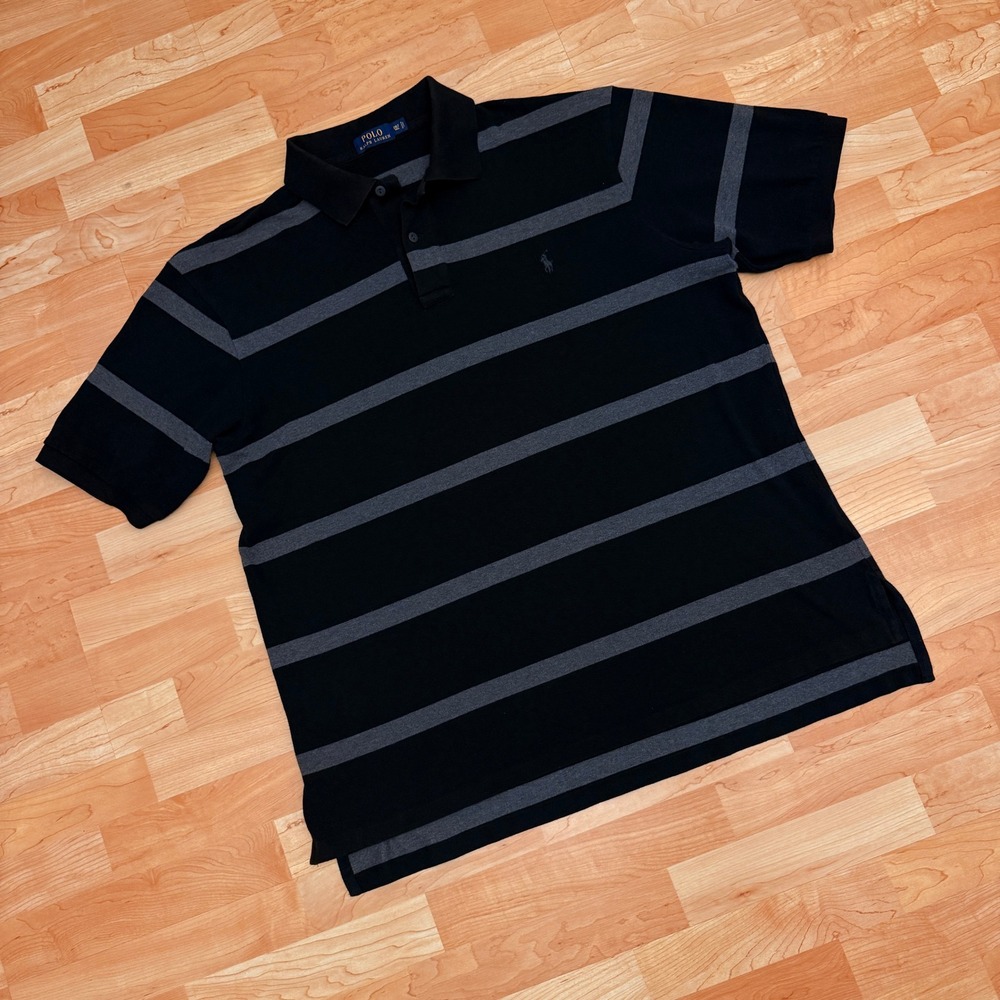 Vintage Polo Ralph Lauren Mens 2XLT Tall Black Grey Striped Pique Polo Shirt
